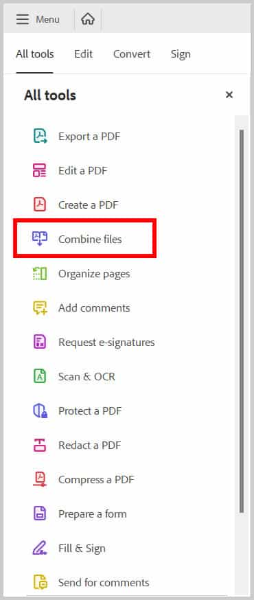 repair pdf and recover pages Adobe Acrobat merge files option showing combine files