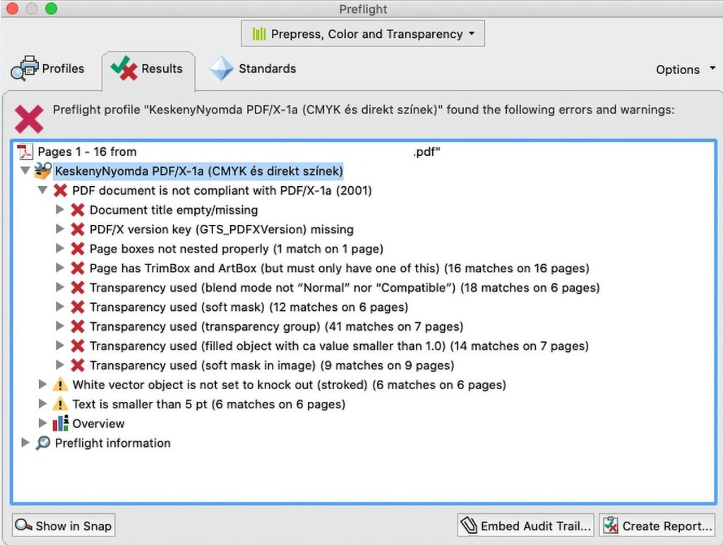 repair pdf before print Adobe Acrobat Preflight results window showing errors and fixes