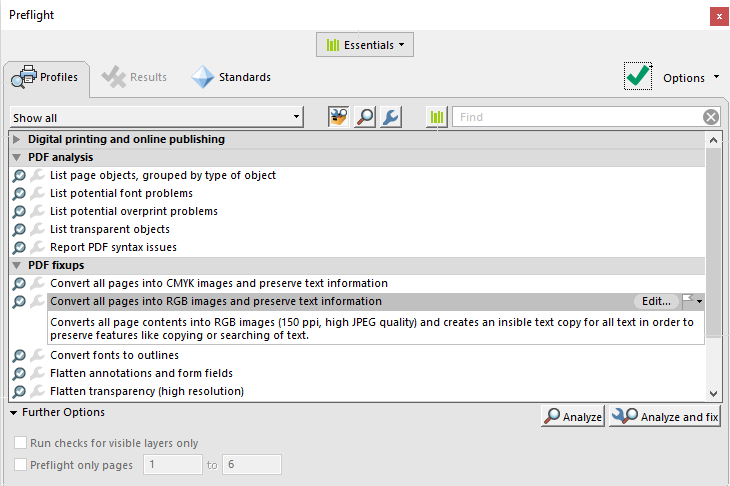 repair pdf before print Adobe Acrobat Preflight window showing font embedding options