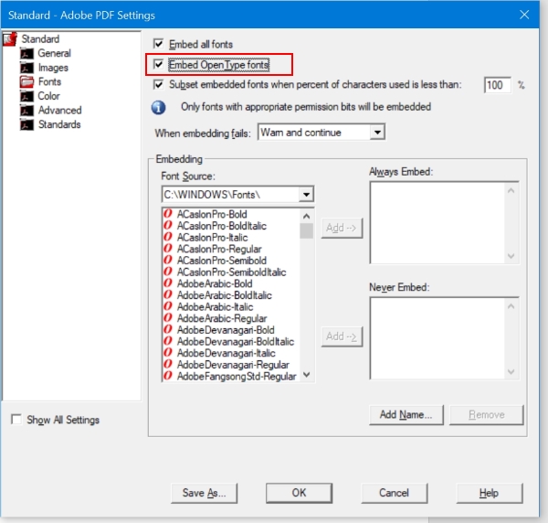 repair pdf converted from word PDF font embedding settings in Word export dialog