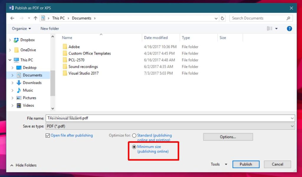 repair pdf converted from word Word to PDF export settings dialog showing Standard optimization