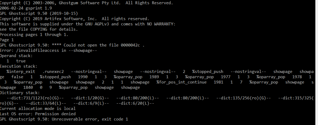 repair pdf created by printer Ghostscript command line terminal window with PDF repair command