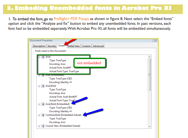 repair pdf fonts Adobe Acrobat PDF fonts tab showing embedded and non-embedded fonts list screenshot