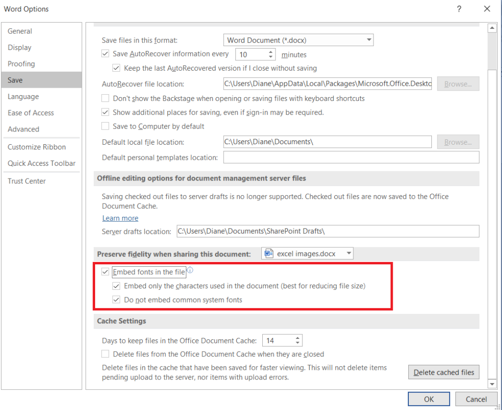 repair pdf fonts Microsoft Word save as PDF options embed fonts checkbox screenshot