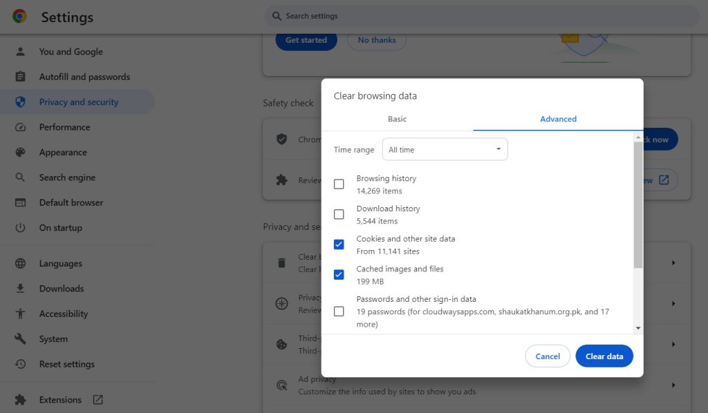 repair pdf for chrome Chrome clear cache settings screenshot