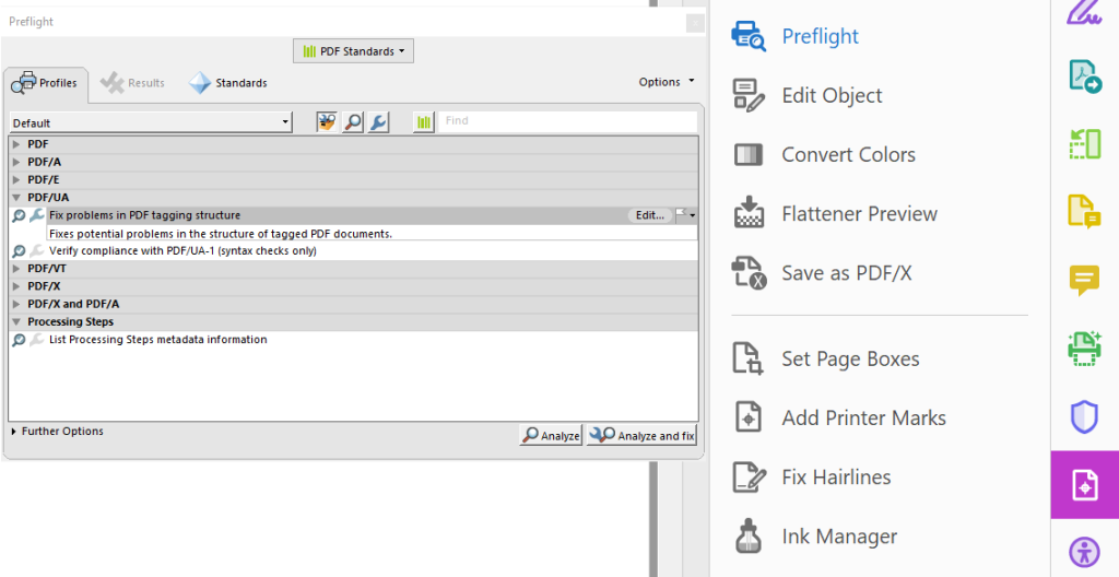 repair pdf for printing Adobe Acrobat Preflight repair panel