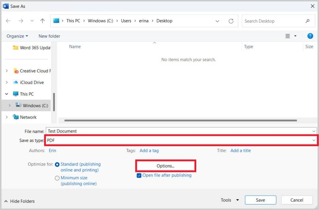 repair pdf generated from word Microsoft Word Save As PDF options dialog window