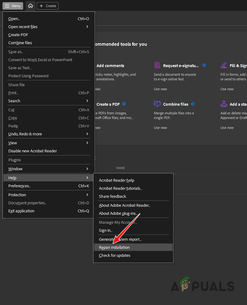 repair pdf on windows Adobe Acrobat Pro repair PDF option menu