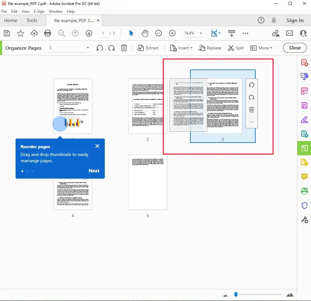 repair pdf page order Adobe Acrobat page thumbnails panel showing page order