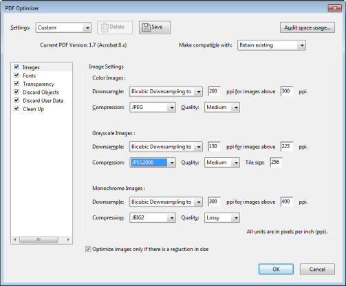 repair pdf pages Adobe Acrobat Pro Optimized PDF dialog box