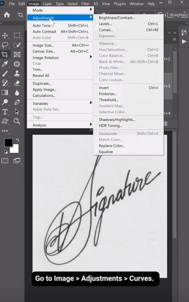 repair pdf signature editing a scanned signature image in Photoshop with contrast adjustment