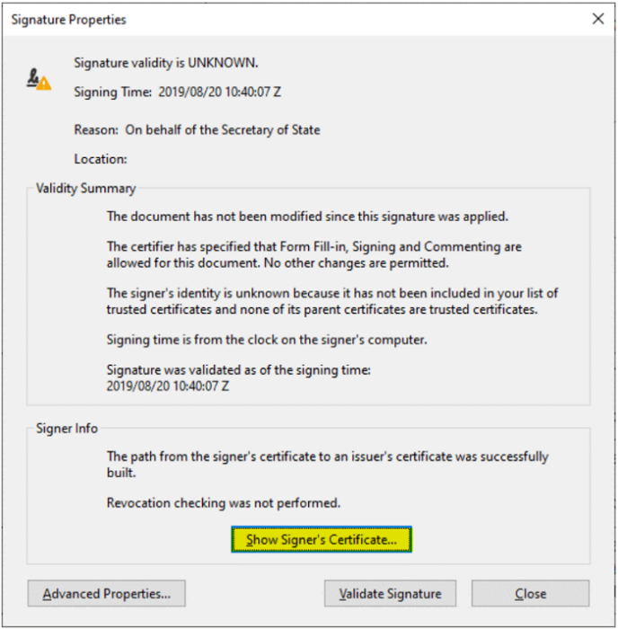 repair pdf signature signature properties dialog showing certificate status in Adobe Acrobat