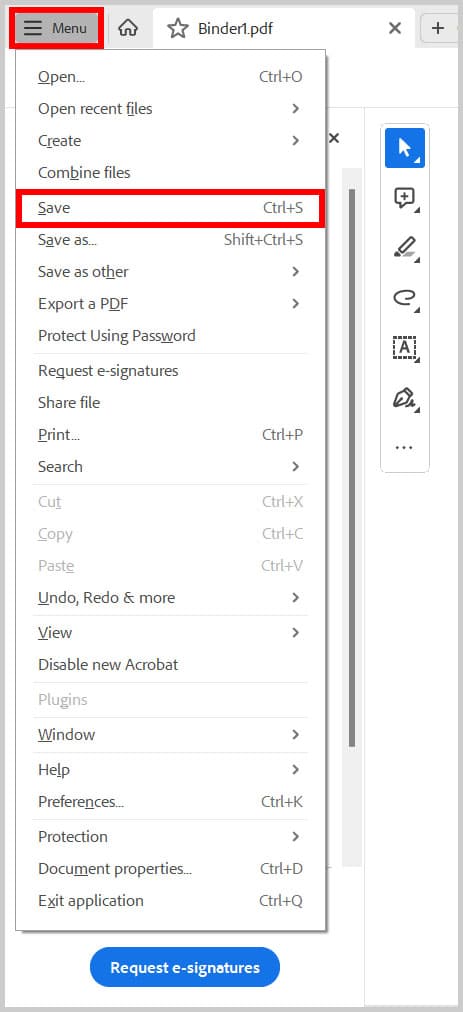 repair pdf trailer Adobe Acrobat Pro menu showing 'Save As' and choosing 'Optimized PDF'