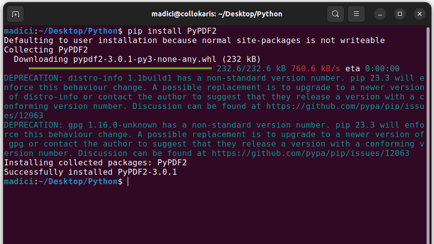 repair pdf using python Python terminal installing pypdf package