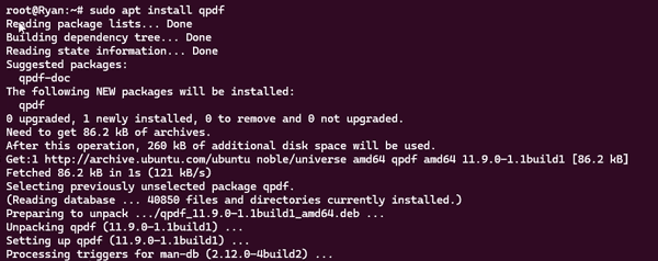 repair pdf with qpdf qpdf installation terminal command screenshot