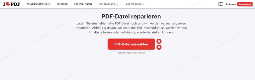 repair unreadable pdf online Screenshot of iLovePDF repair PDF tool homepage with upload button