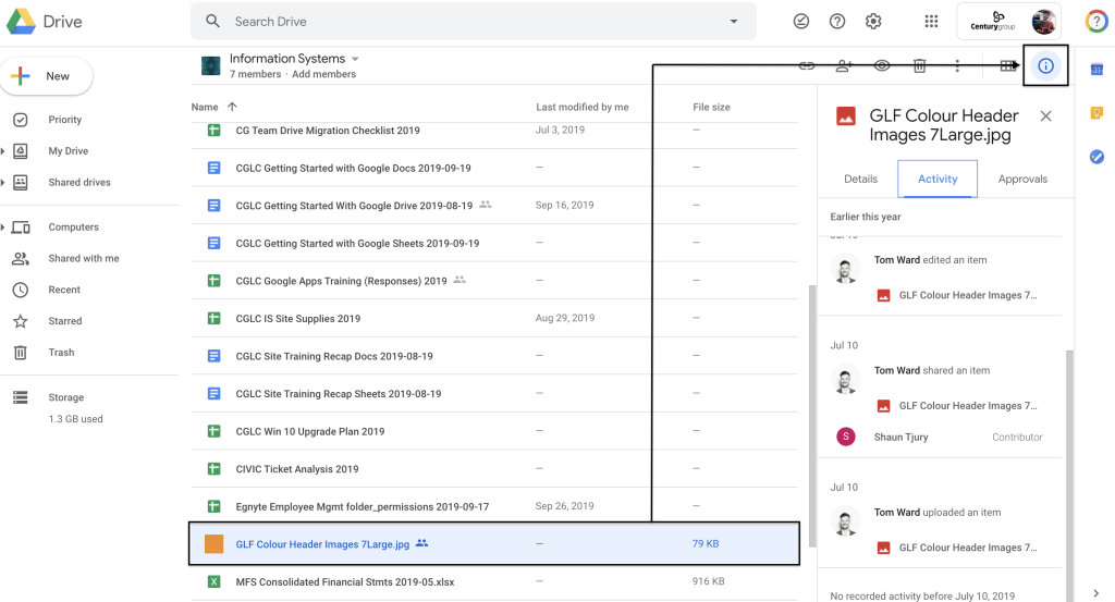 restore pdf file Google Drive version history showing PDF file versions