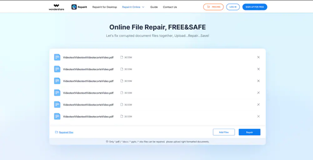 startxref not found pdf repair screenshot of PDF repair online website upload page