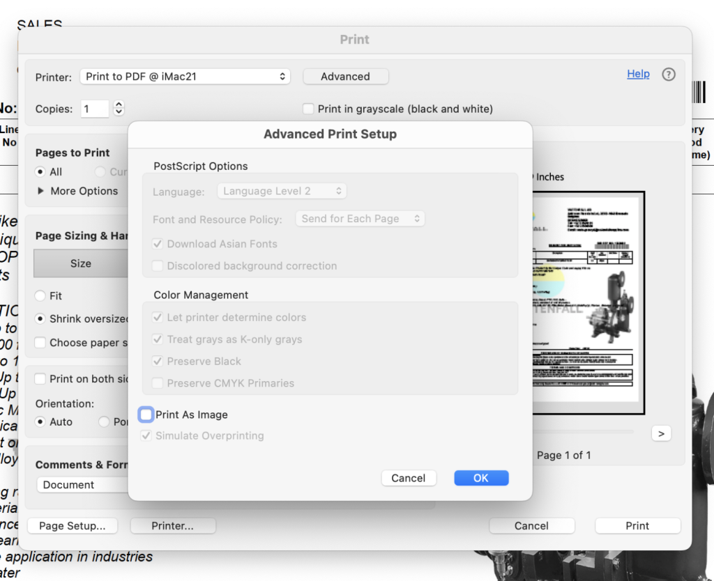 why pdf shows blank pages Print as image setting in Adobe Reader advanced print dialog