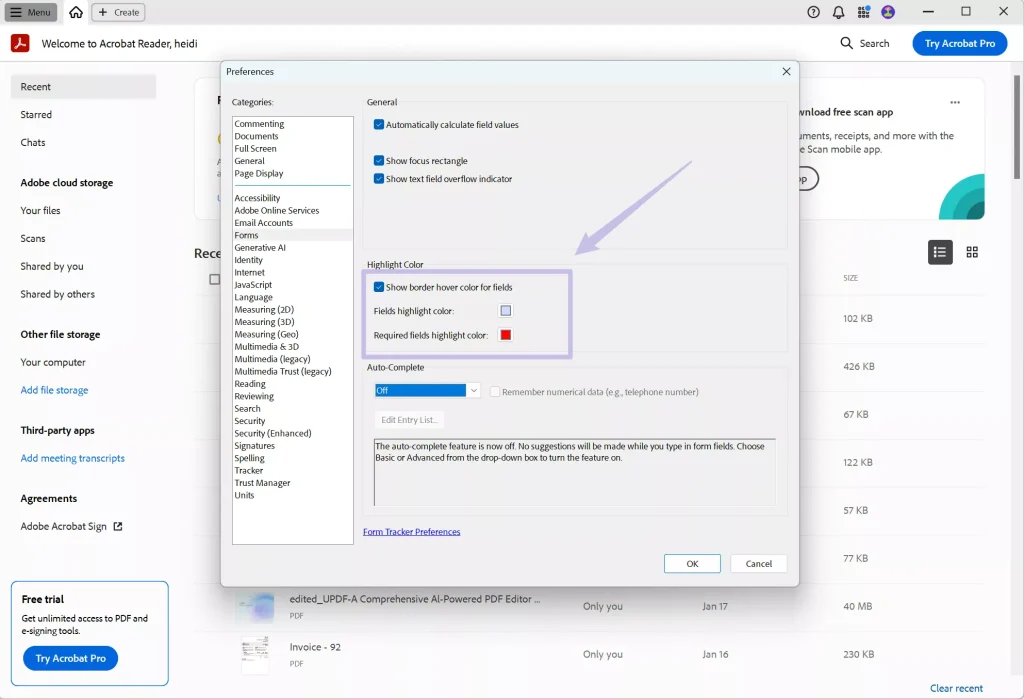 fix pdf forms Adobe Acrobat Reader showing form fields highlighted screenshot