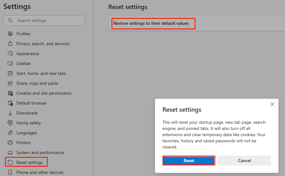 fix pdf not opening in edge Microsoft Edge reset settings option under settings menu
