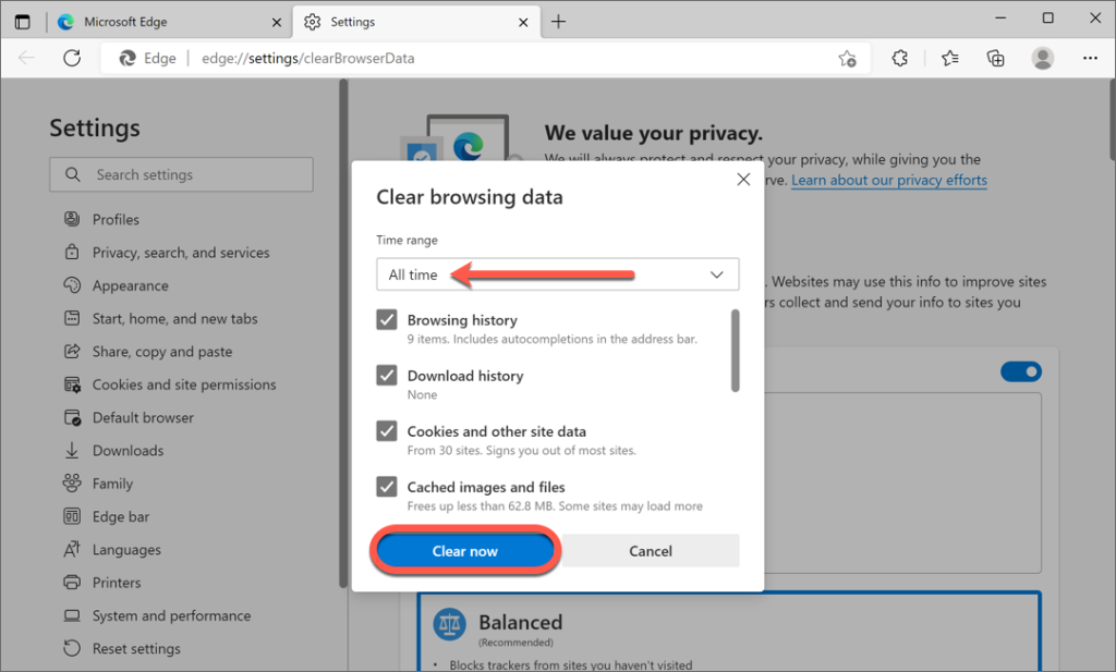 fix pdf not opening in edge Microsoft Edge settings clear browsing data screen with time range set to all time
