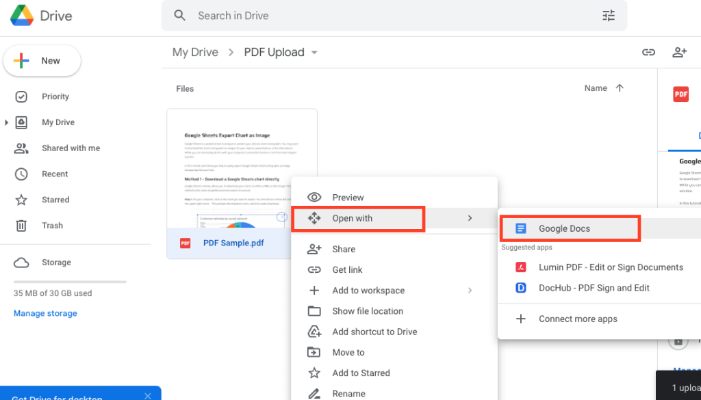 how to fix unreadable pdf Google Docs upload PDF convert to text