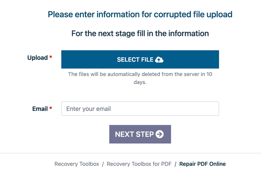 how to recover missing pdf pages Online PDF repair tool interface with file upload button and progress bar