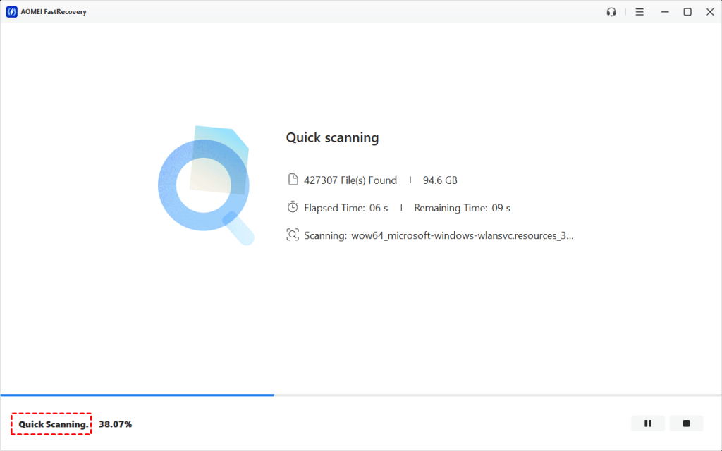 how to recover missing pdf pages Screenshot of PDF repair software showing scanning progress for missing pages
