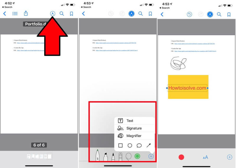 how to repair pdf on iphone iPhone Markup tool interface with PDF and pen icon