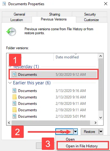 pdf corruption recovery computer screen showing file properties with Previous Versions tab open