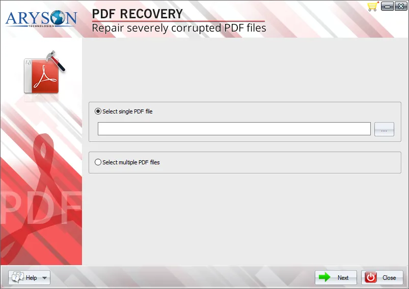 pdf corruption recovery screenshot of PDF repair software interface with repair button