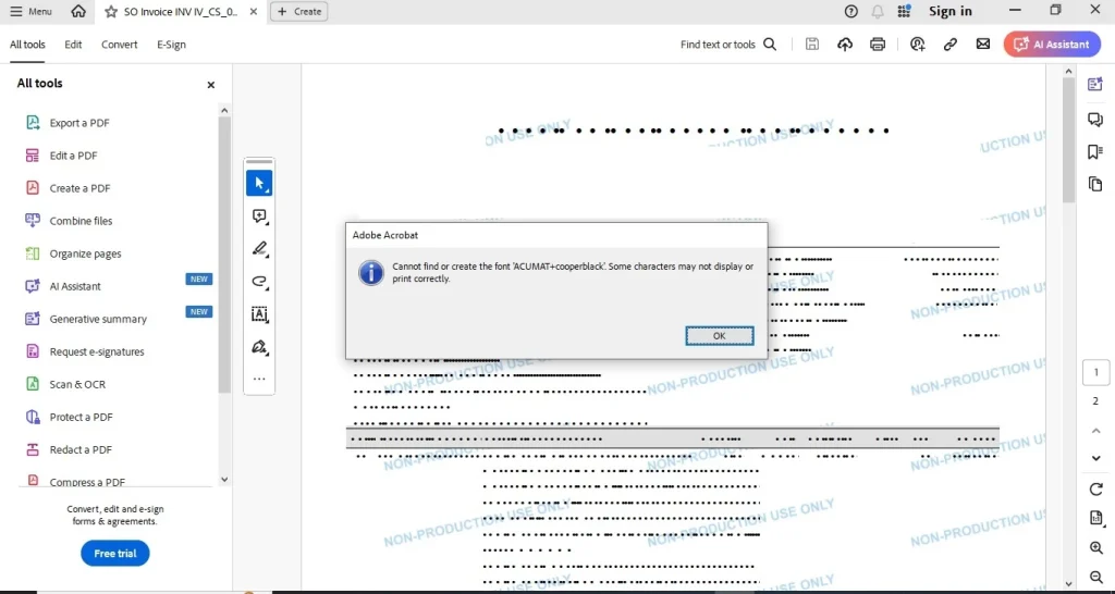 pdf diagnostics tool PDF error report list showing issues like missing fonts and broken links