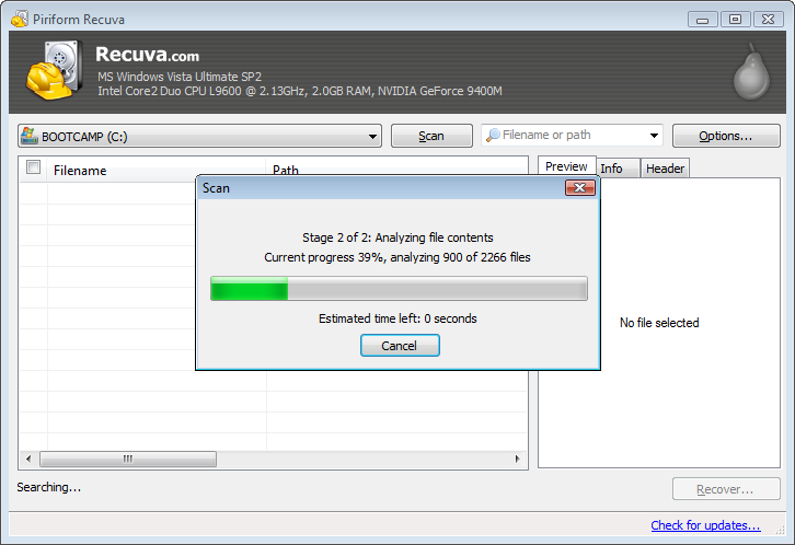 pdf end of file error repair Recuva data recovery software scanning for PDF files screenshot