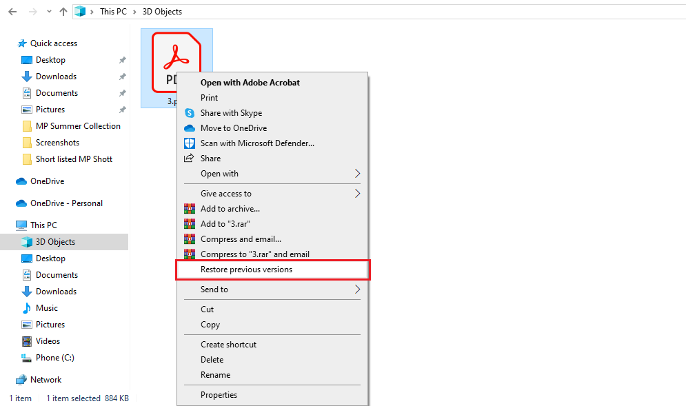 pdf error 110 repair File Explorer right-click menu showing 'Restore previous versions' option