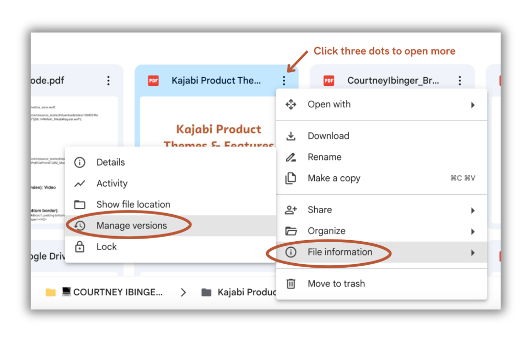pdf file is unreadable Google Drive version history interface showing previous PDF versions