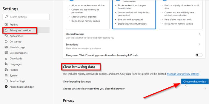 pdf not opening in edge Microsoft Edge clear browsing data settings window