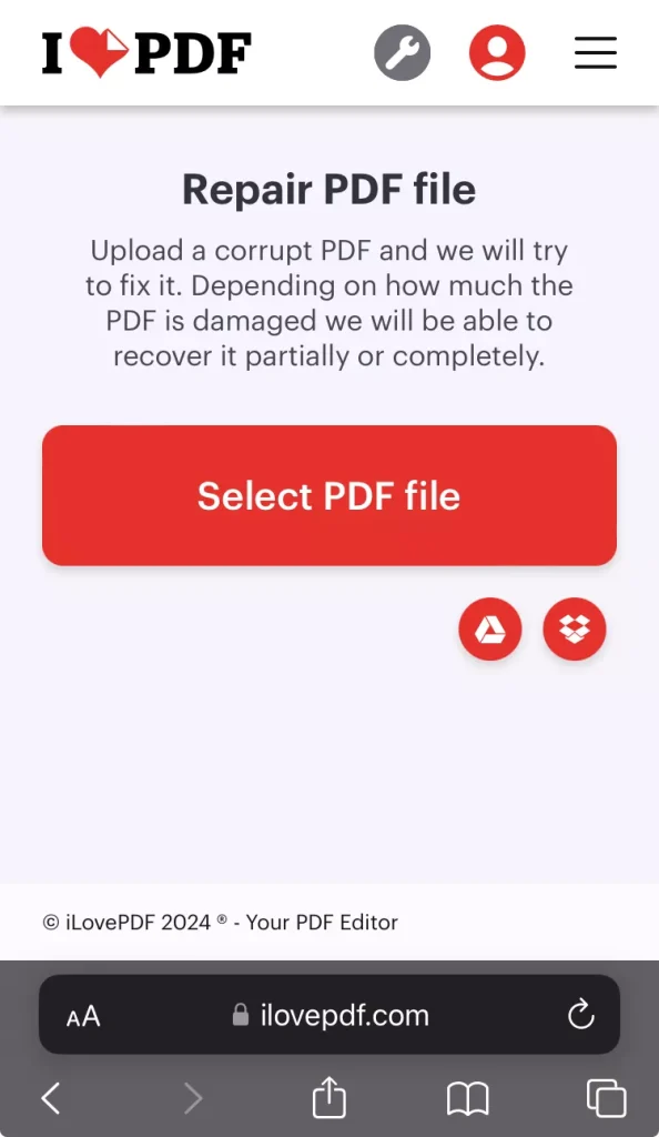 pdf not opening on phone PDF repair website upload button on smartphone screen