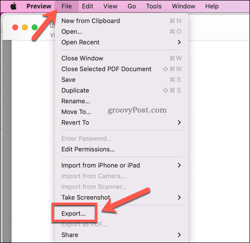 pdf repair for mac Mac Preview app exporting a PDF file menu