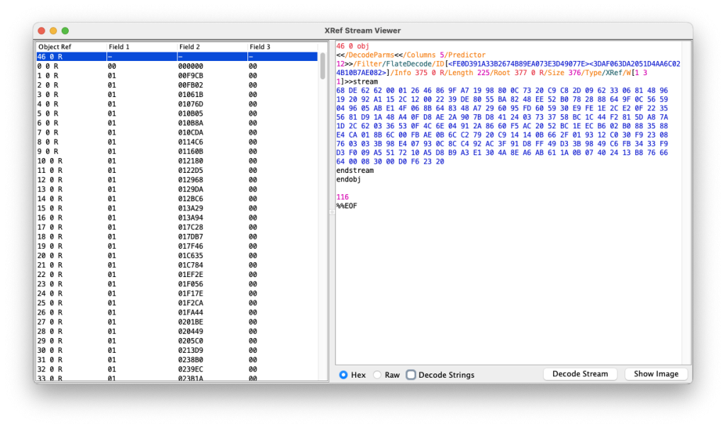 pdf xref stream repair hex editor editing PDF offset values in cross reference stream