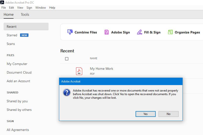 recover pdf after system crash Adobe Acrobat auto-save folder location screenshot