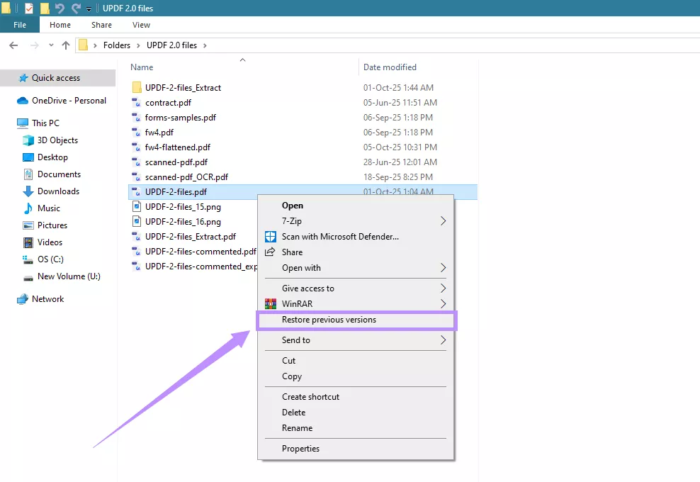 recover pdf annotations Windows file properties Previous Versions tab showing PDF backup earlier version