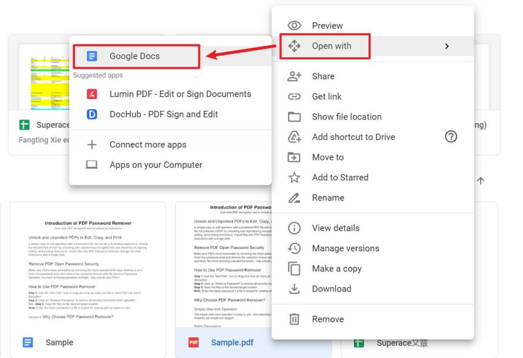 recover pdf without acrobat Google Drive PDF open with Google Docs option context menu