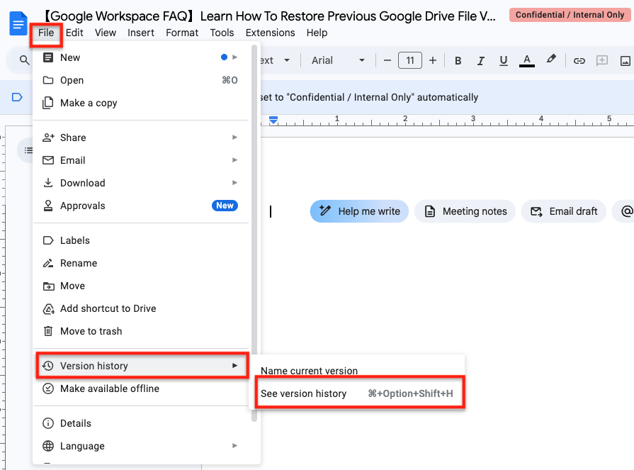 repair pdf after power outage Google Drive version history panel showing previous file versions