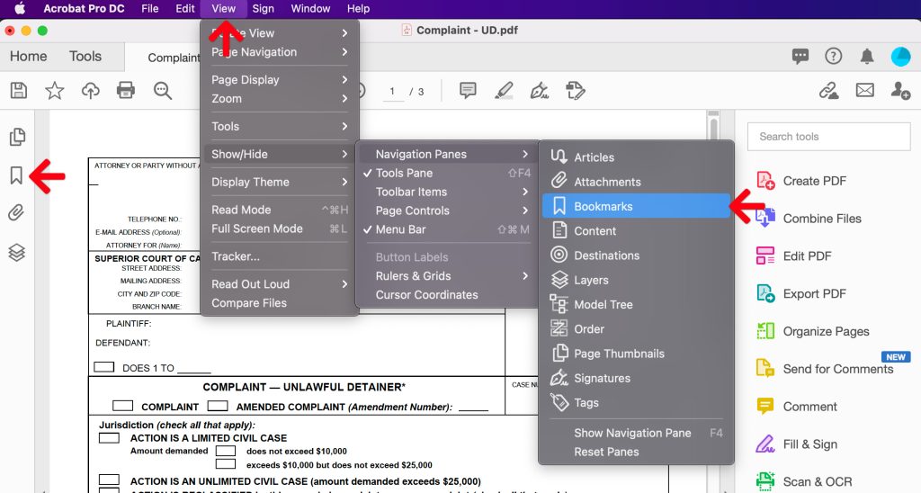repair pdf bookmarks Adobe Acrobat bookmarks panel open on left sidebar