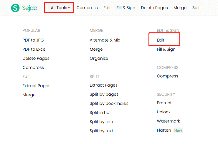 repair pdf bookmarks Sejda.com PDF bookmark tool interface