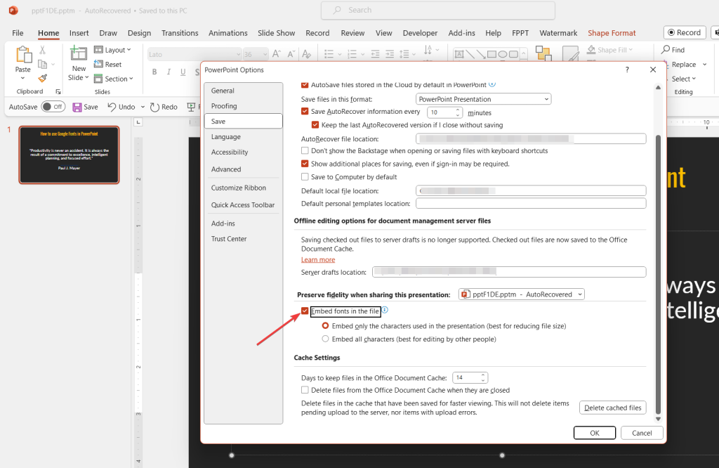 repair pdf exported from powerpoint PowerPoint Options Save tab with embed fonts checkbox highlighted