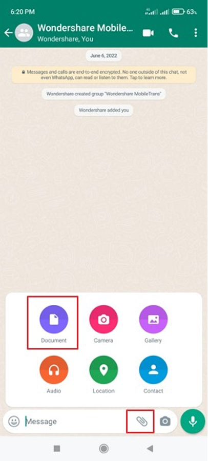 repair pdf from whatsapp WhatsApp document sharing option with PDF file selected