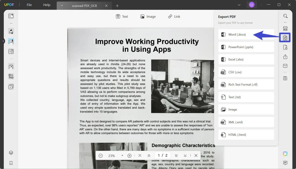 repair pdf generated by app PDF to Word conversion wizard interface
