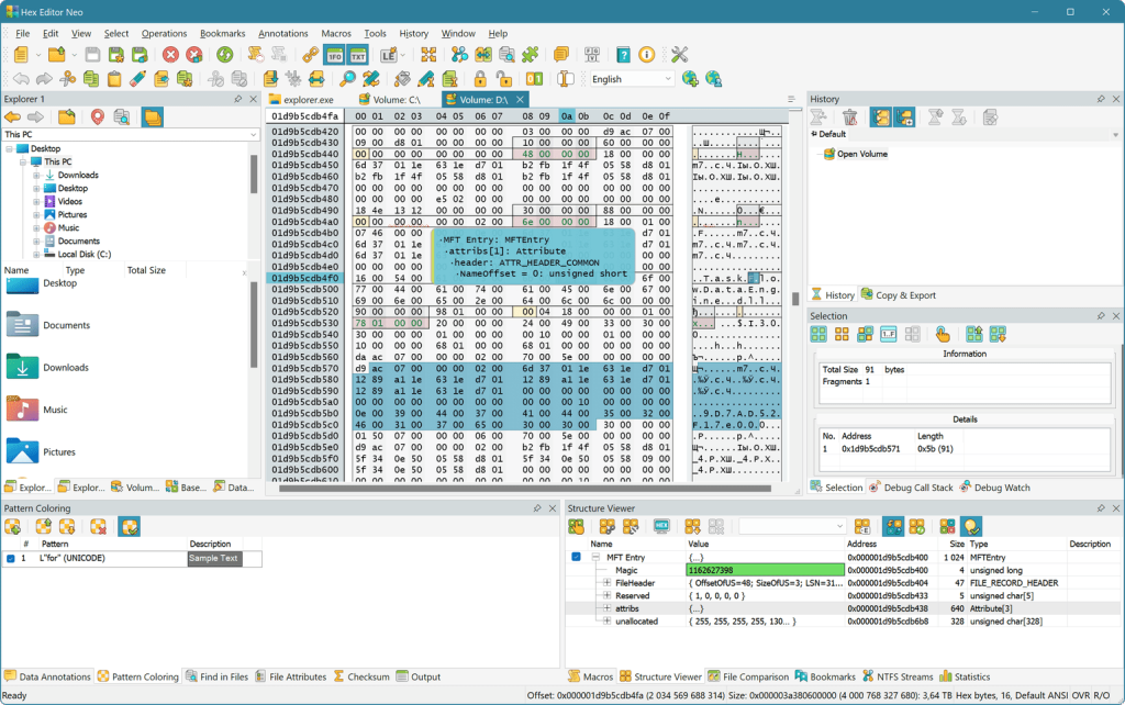 repair pdf structure hex editor window displaying PDF file raw bytes with cross-reference table